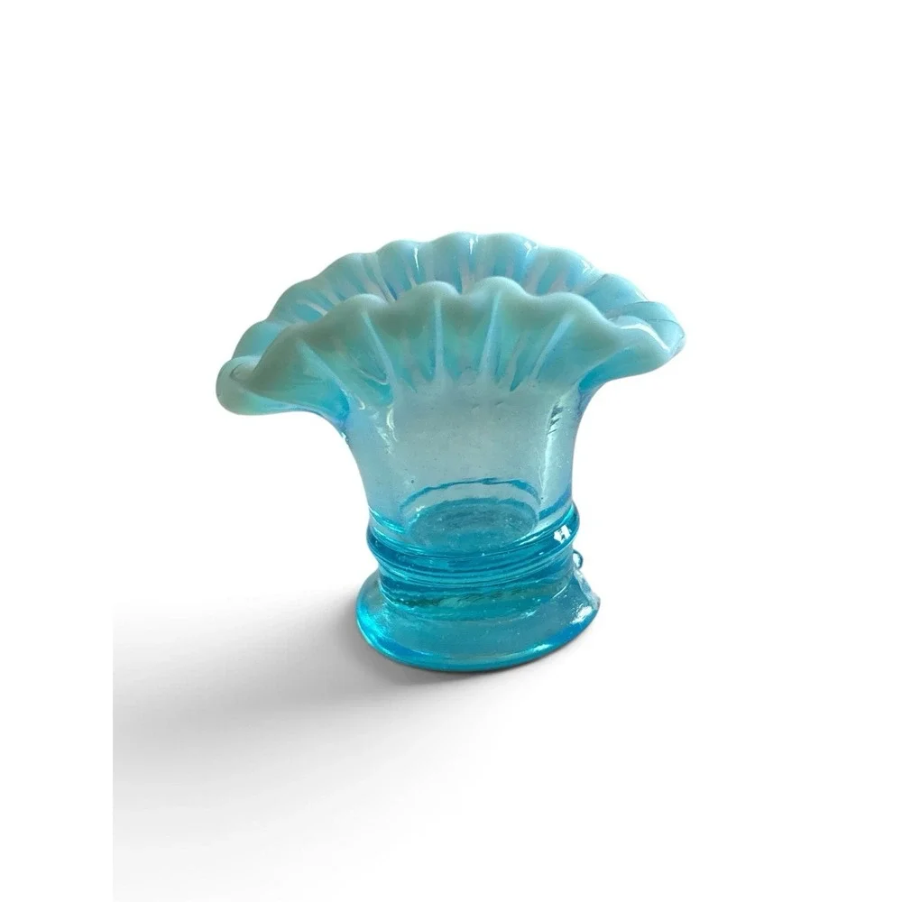 Pair Of Fenton Opalescent Blue Miniature Vases/ Toothpick Holders ,FLAWED SEE